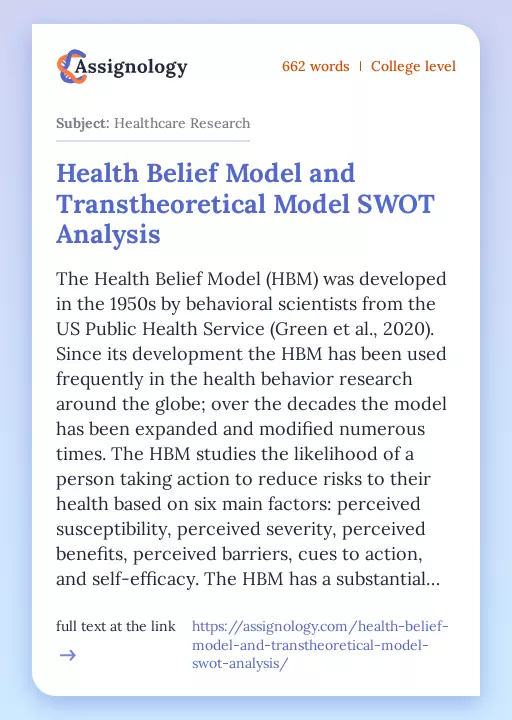 Health Belief Model and Transtheoretical Model SWOT Analysis - Essay Preview