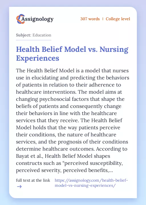 Health Belief Model vs. Nursing Experiences - Essay Preview