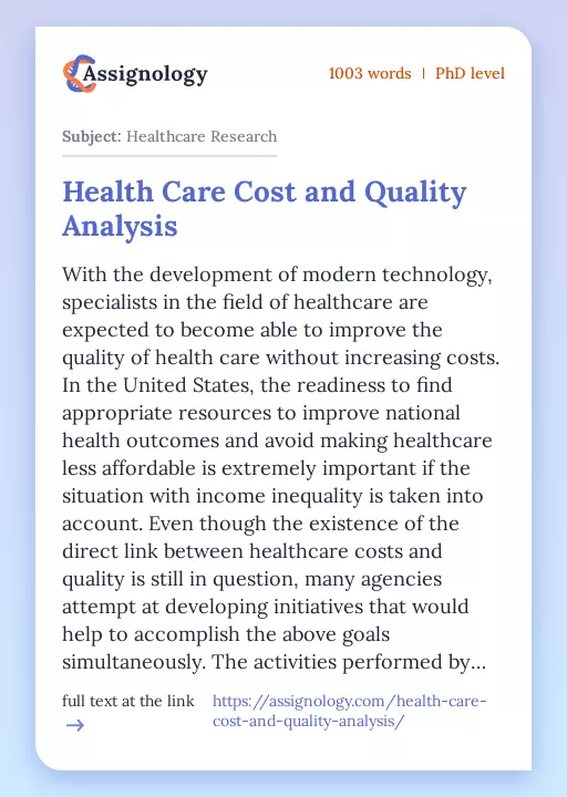 Health Care Cost and Quality Analysis - Essay Preview