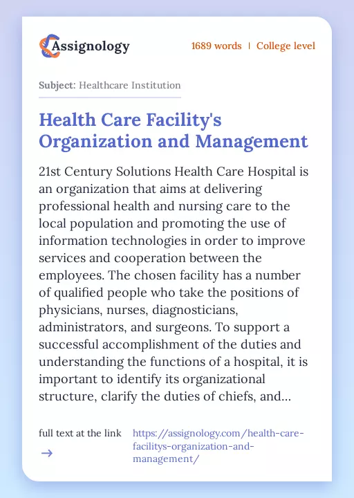 Health Care Facility's Organization and Management - Essay Preview