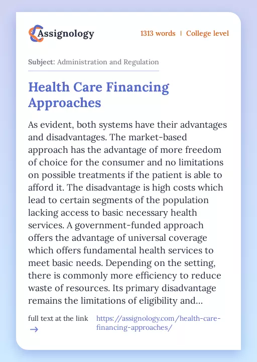 Health Care Financing Approaches - Essay Preview