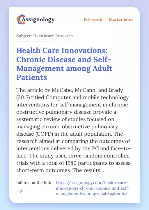 Health Care Innovations: Chronic Disease and Self-Management among Adult Patients - Essay Preview