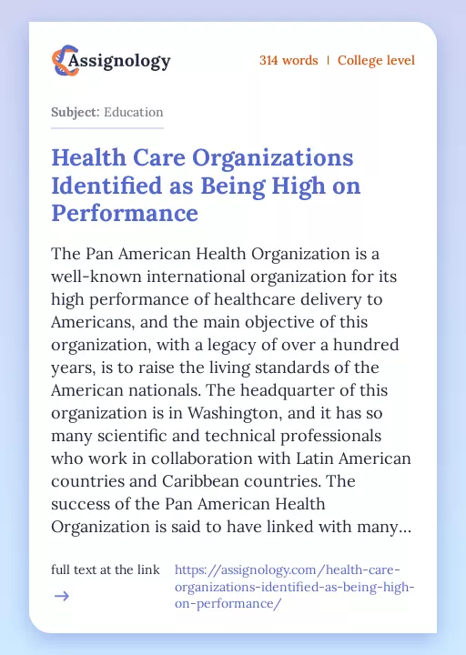 Health Care Organizations Identified as Being High on Performance - Essay Preview