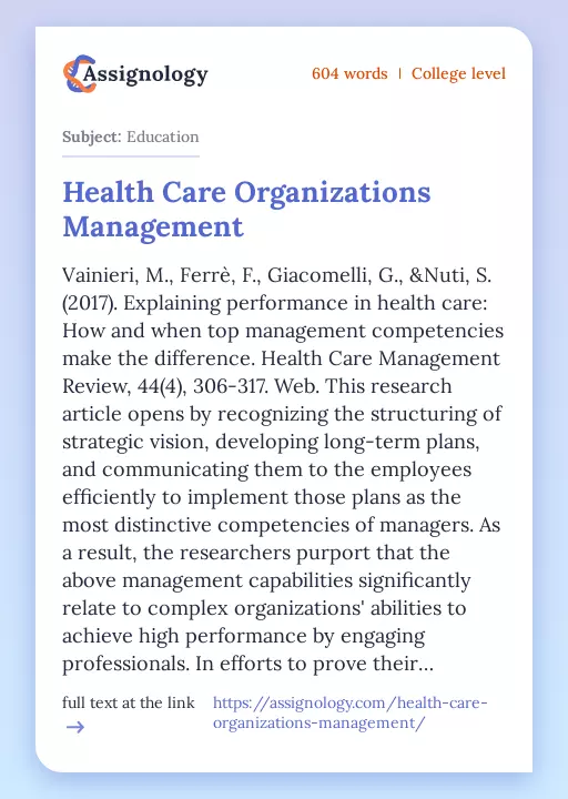 Health Care Organizations Management - Essay Preview