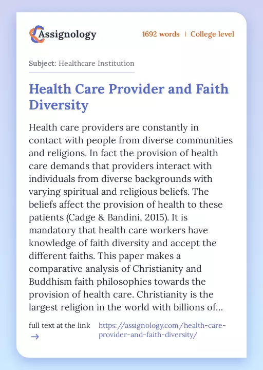 Health Care Provider and Faith Diversity - Essay Preview