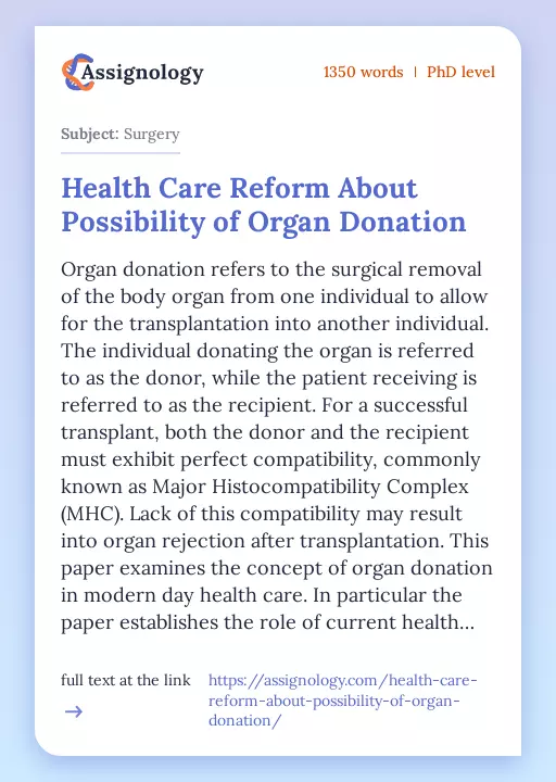 Health Care Reform About Possibility of Organ Donation - Essay Preview