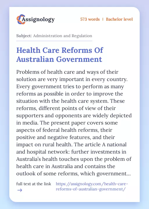 Health Care Reforms Of Australian Government - Essay Preview