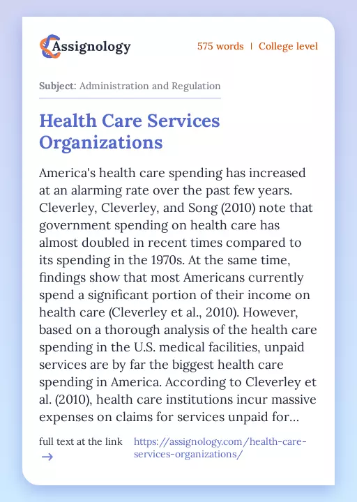 Health Care Services Organizations - Essay Preview