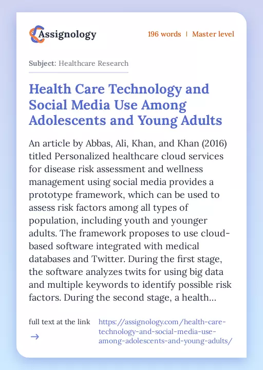 Health Care Technology and Social Media Use Among Adolescents and Young Adults - Essay Preview