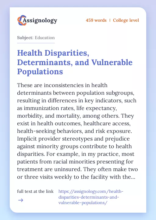 Health Disparities, Determinants, and Vulnerable Populations - Essay Preview