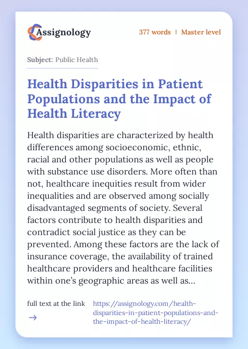 Health Disparities in Patient Populations and the Impact of Health Literacy - Essay Preview