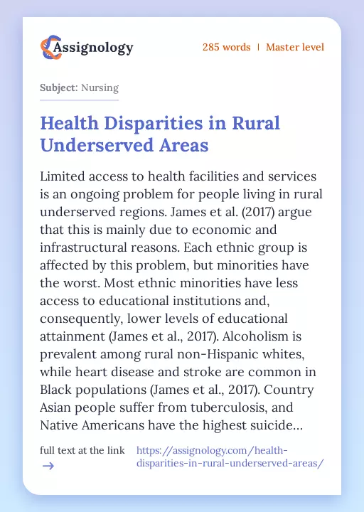 Health Disparities in Rural Underserved Areas - Essay Preview