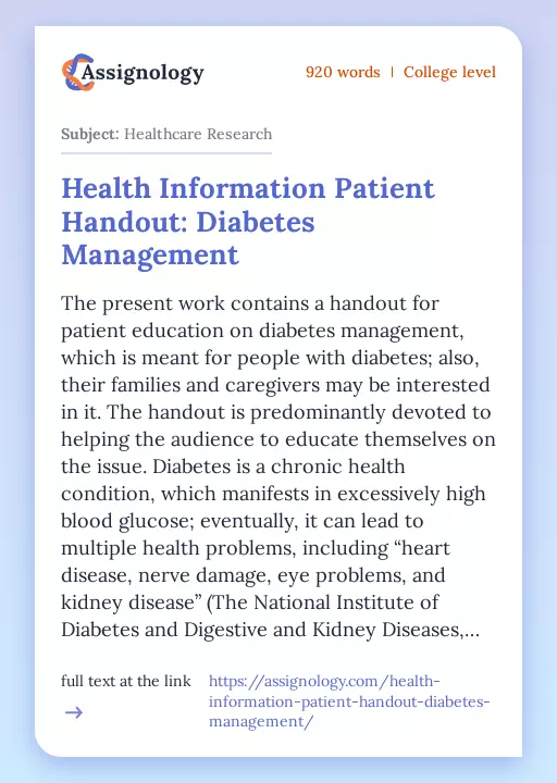 Health Information Patient Handout: Diabetes Management - Essay Preview