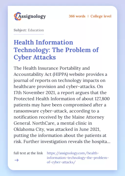 Health Information Technology: The Problem of Cyber Attacks - Essay Preview