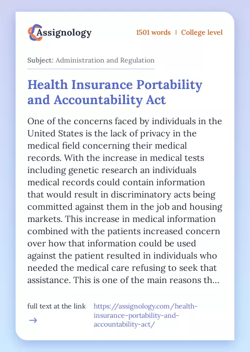 Health Insurance Portability and Accountability Act - Essay Preview
