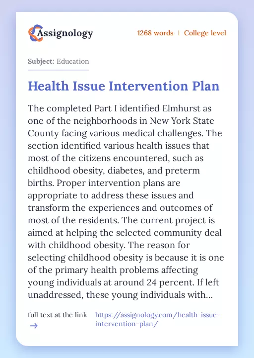 Health Issue Intervention Plan - Essay Preview