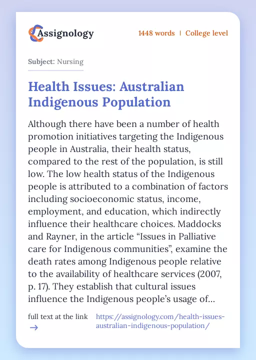 Health Issues: Australian Indigenous Population - Essay Preview