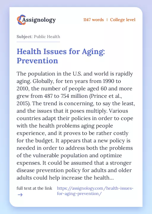 Health Issues for Aging: Prevention - Essay Preview