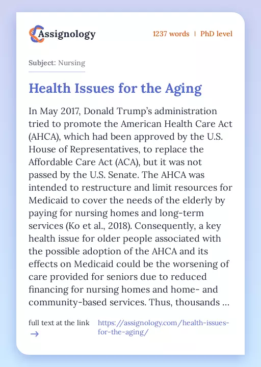 Health Issues for the Aging - Essay Preview
