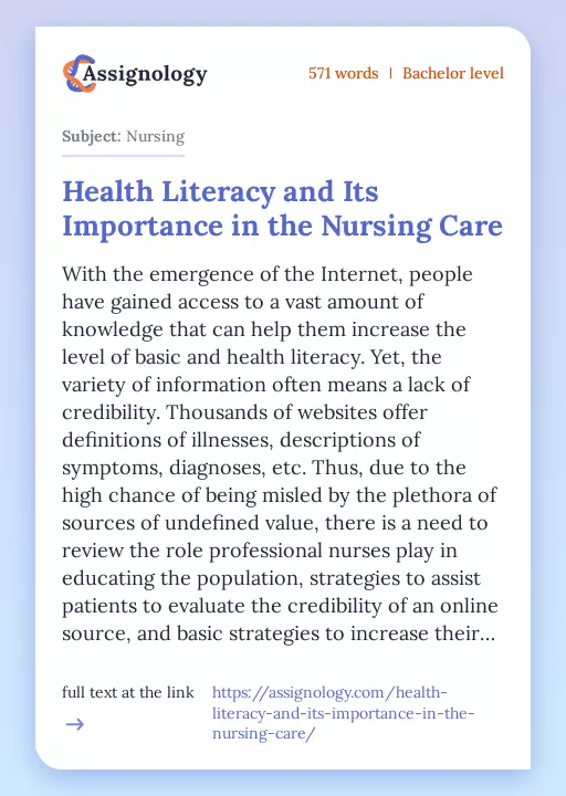 Health Literacy and Its Importance in the Nursing Care - Essay Preview