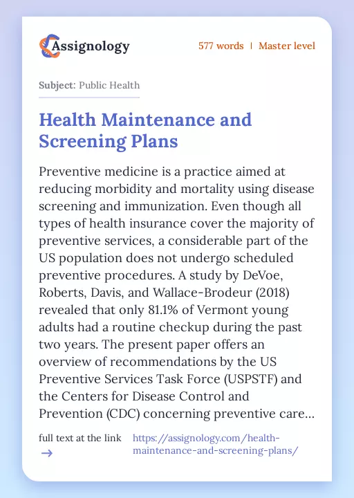 Health Maintenance and Screening Plans - Essay Preview