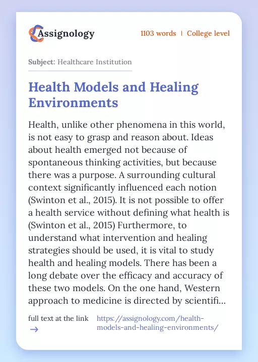 Health Models and Healing Environments - Essay Preview