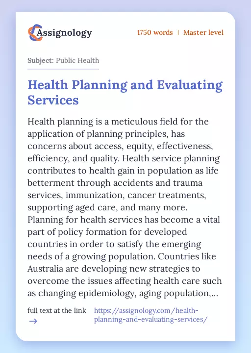 Health Planning and Evaluating Services - Essay Preview