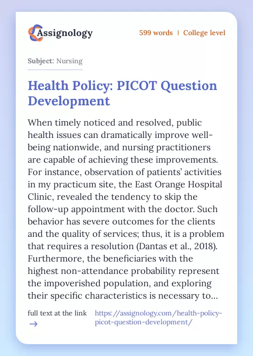 Health Policy: PICOT Question Development - Essay Preview