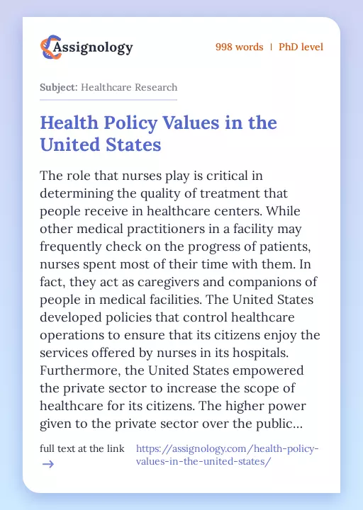 Health Policy Values in the United States - Essay Preview