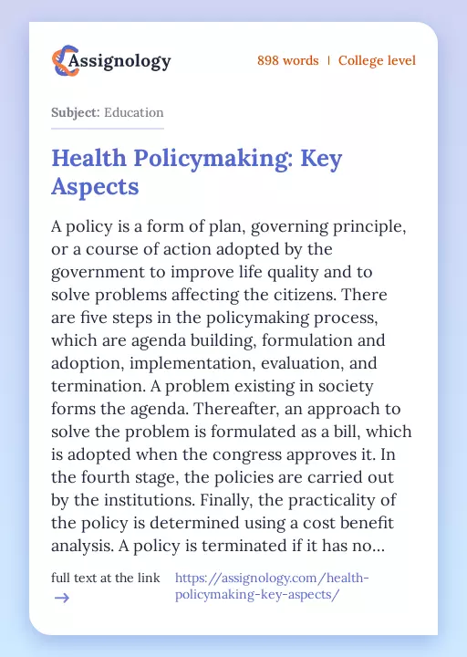 Health Policymaking: Key Aspects - Essay Preview