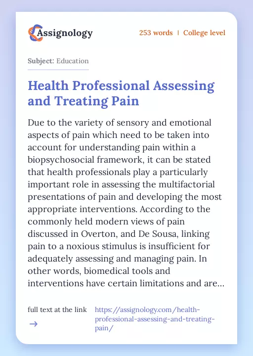 Health Professional Assessing and Treating Pain - Essay Preview