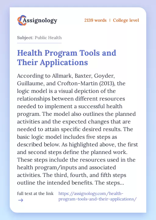 Health Program Tools and Their Applications - Essay Preview