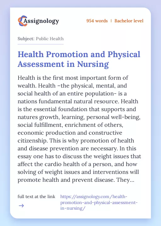 Health Promotion and Physical Assessment in Nursing - Essay Preview