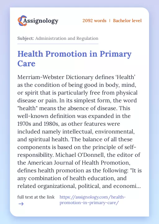 Health Promotion in Primary Care - Essay Preview
