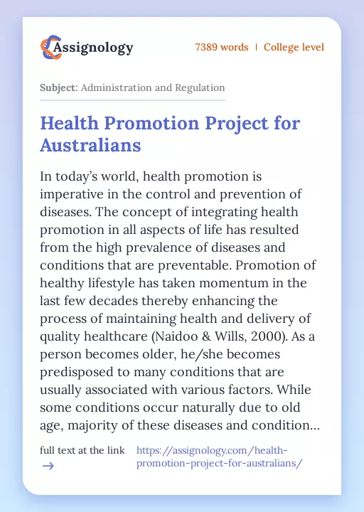 Health Promotion Project for Australians - Essay Preview