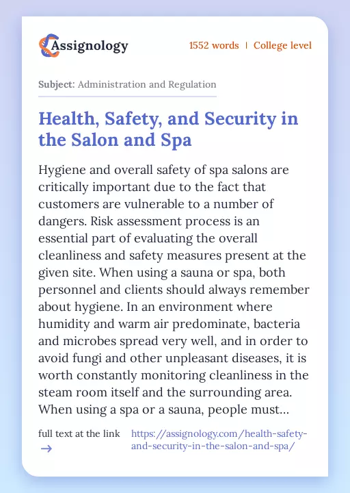 Health, Safety, and Security in the Salon and Spa - Essay Preview