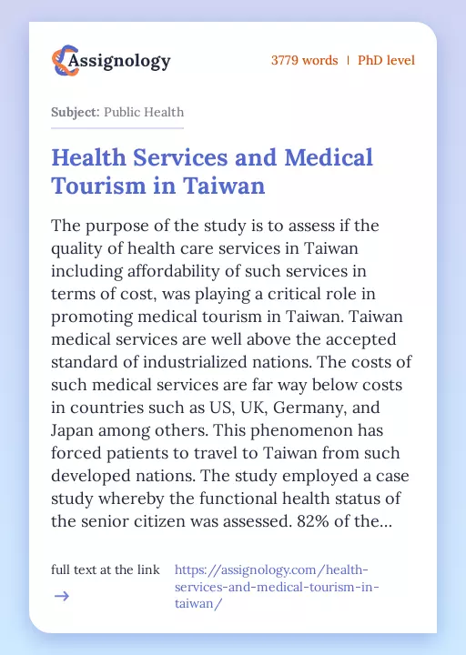 Health Services and Medical Tourism in Taiwan - Essay Preview