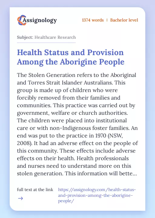 Health Status and Provision Among the Aborigine People - Essay Preview