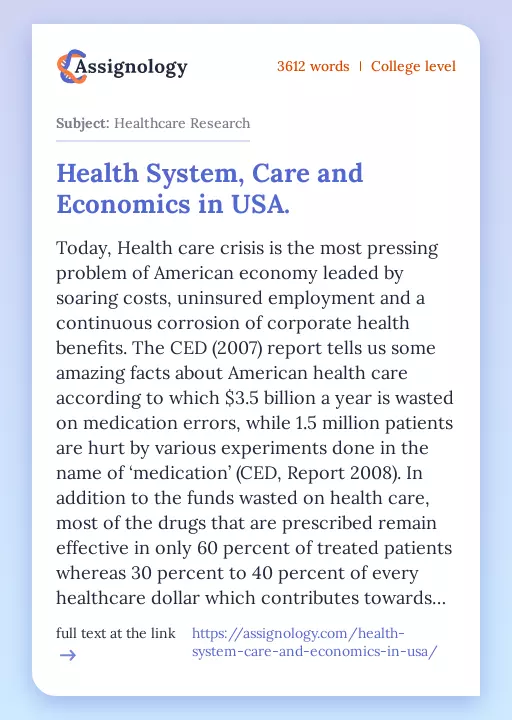 Health System, Care and Economics in USA. - Essay Preview