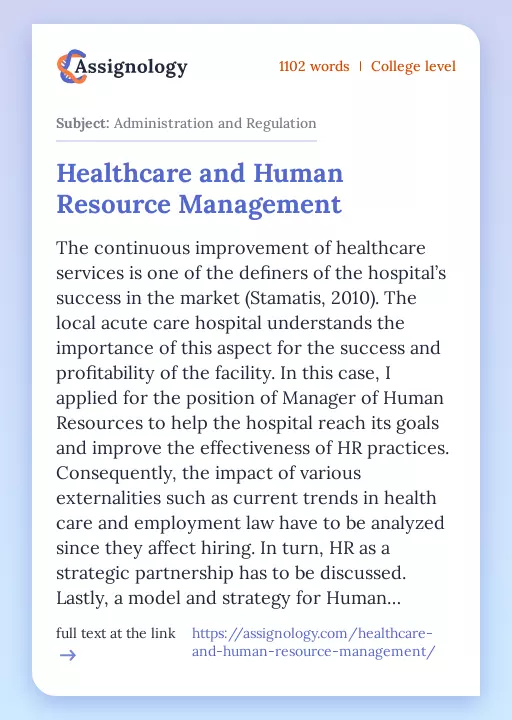 Healthcare and Human Resource Management - Essay Preview