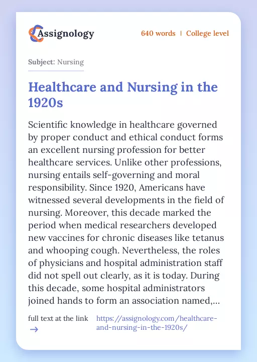 Healthcare and Nursing in the 1920s - Essay Preview