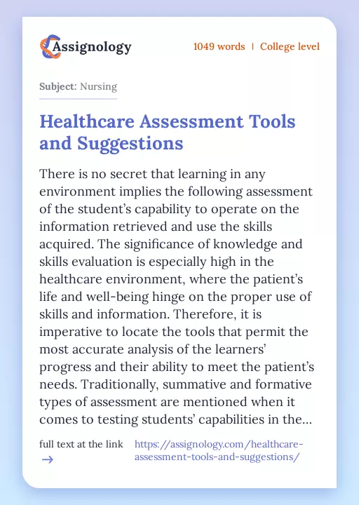 Healthcare Assessment Tools and Suggestions - Essay Preview
