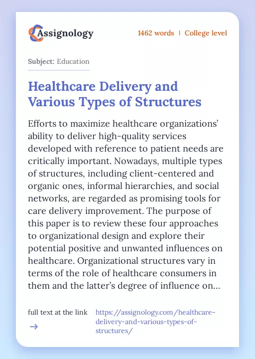 Healthcare Delivery and Various Types of Structures - Essay Preview