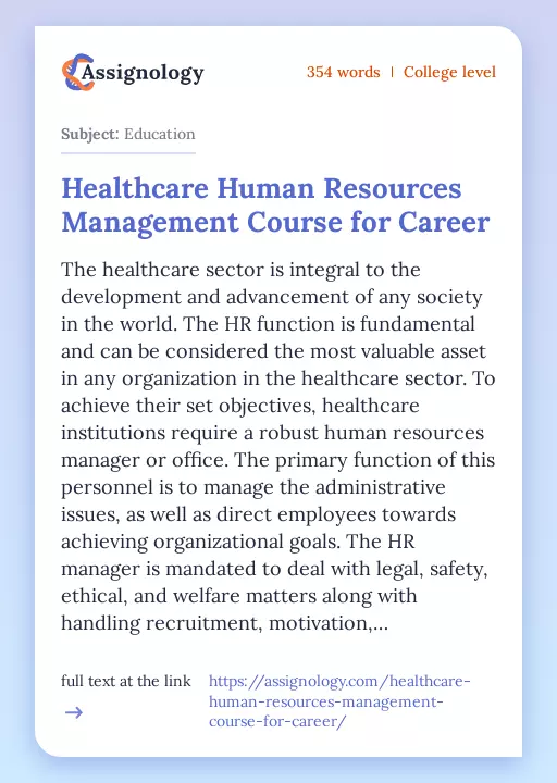 Healthcare Human Resources Management Course for Career - Essay Preview