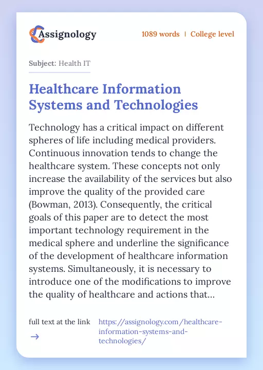 Healthcare Information Systems and Technologies - Essay Preview