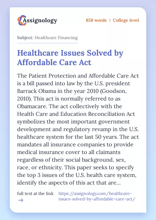 Healthcare Issues Solved by Affordable Care Act - Essay Preview