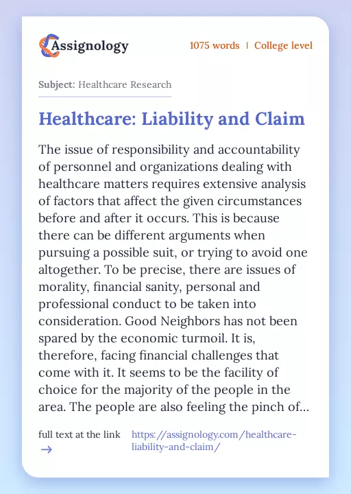 Healthcare: Liability and Claim - Essay Preview
