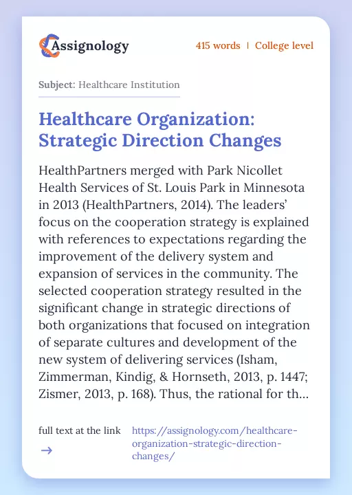 Healthcare Organization: Strategic Direction Changes - Essay Preview