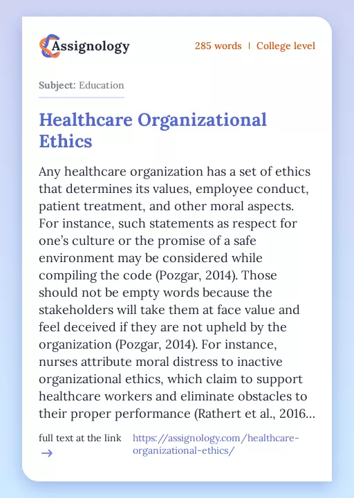 Healthcare Organizational Ethics - Essay Preview