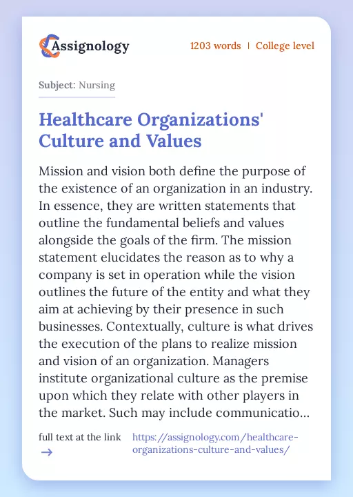 Healthcare Organizations' Culture and Values - Essay Preview